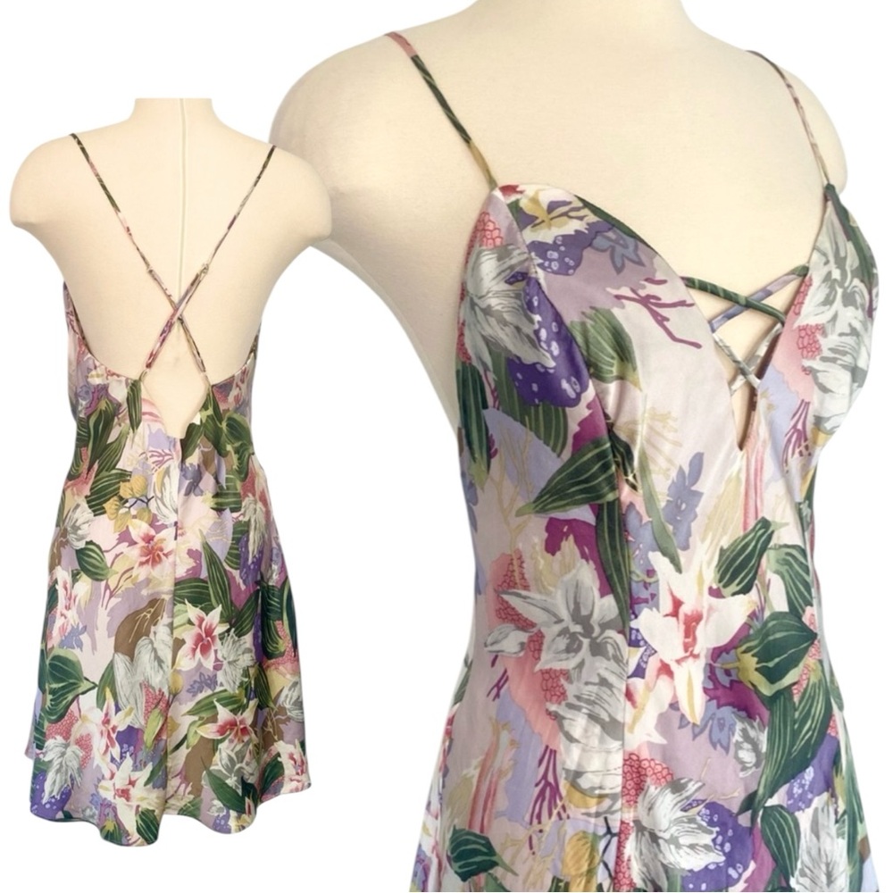 Silk Victoria’s Secret 90s Gold Label Floral Print Corset Vintage Slip Dress L - Picture 1 of 7